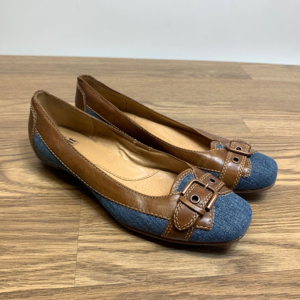 Sofft Womens Flats Brown Leather Denim Blue‎ Loafers Buckle 7 M Driving Moc